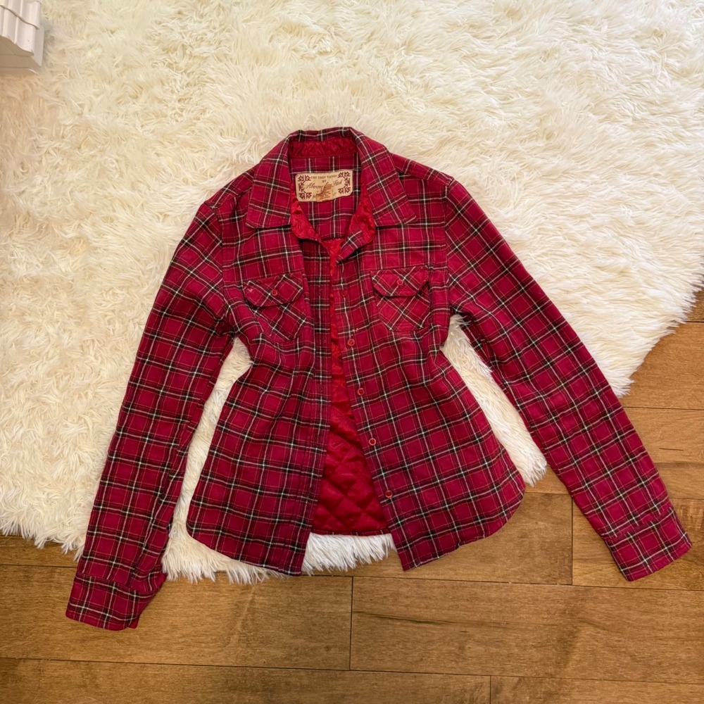 Abercrombie & Fitch Red Plaid Quilted Flannel Shirt Jacket Womens Medium Vintage